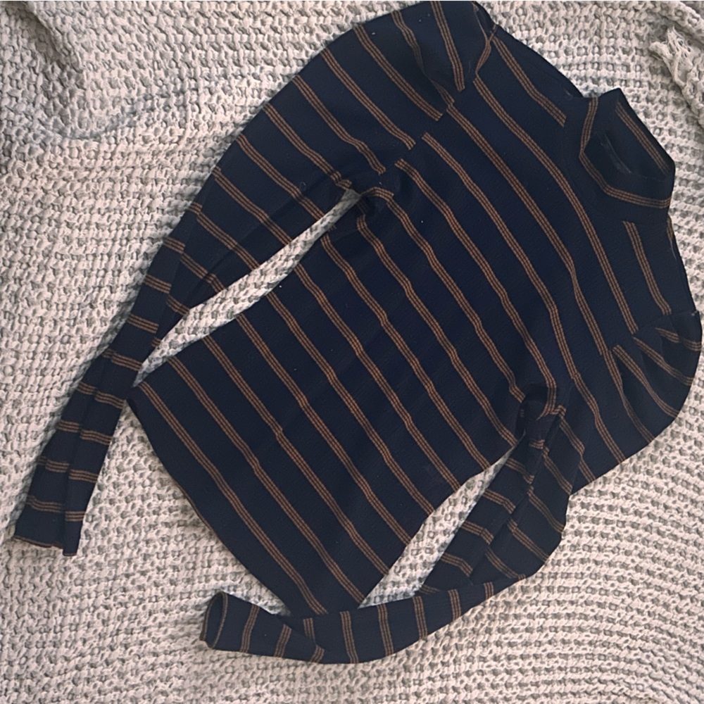FIKA the Label Striped Navy and Red Women's Top with ruffled puff sleeves small